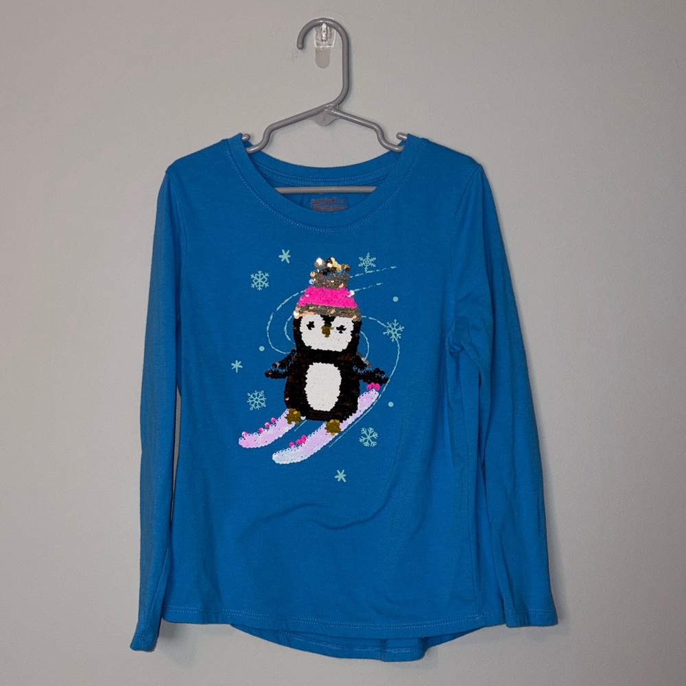 Kids Sequin Penguin Ski Long Sleeve Shirt - Blue